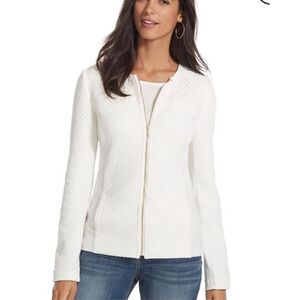 Chicos Womens White Embroidered Crochet Cotton Quilted Jacket sz 2 Coastal Grany